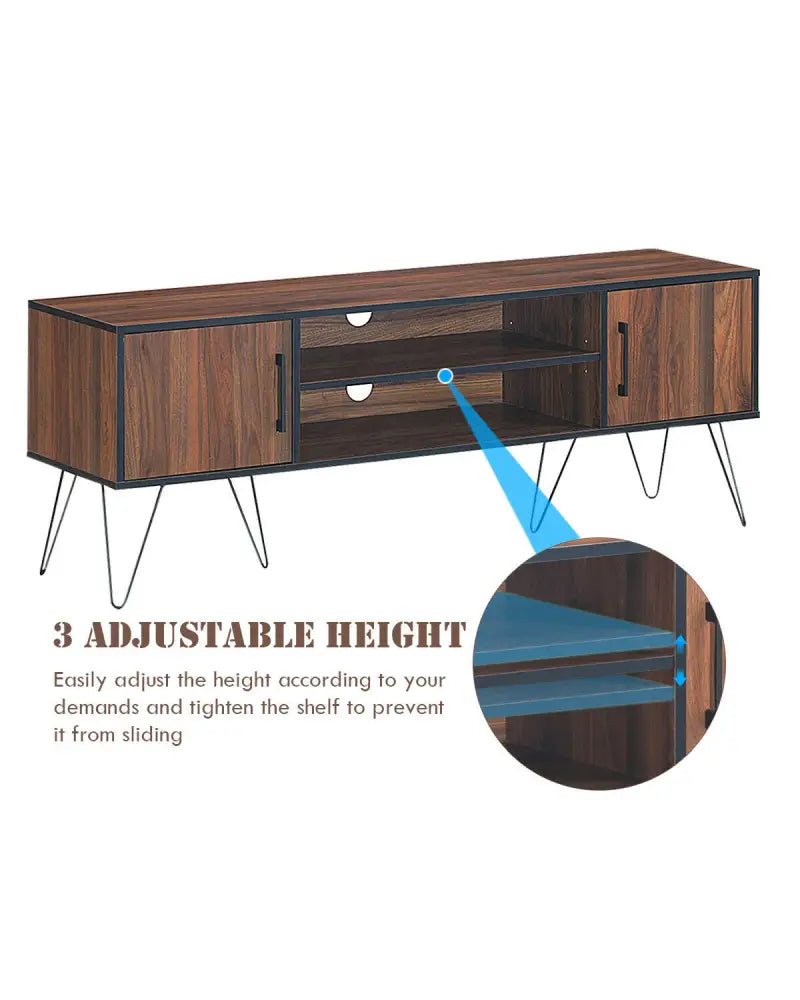 Retro Modern TV Stand with 6 Metal Legs for TVs up to 65 Inch with 2 Cable Holes - Walnut - Entertainment Centers & TV