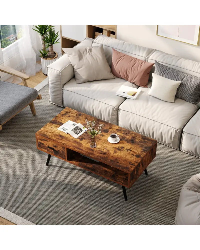 Retro Rectangular Coffee Table with Drawer and Storage Shelf-Rustic Brown - Brown - Coffee Tables