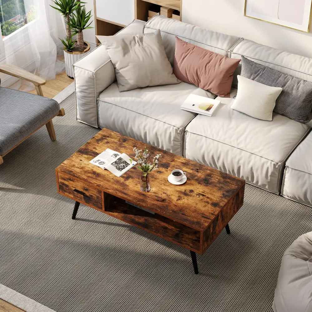 Retro Rectangular Coffee Table with Drawer and Storage Shelf-Rustic Brown - Brown - Coffee Tables