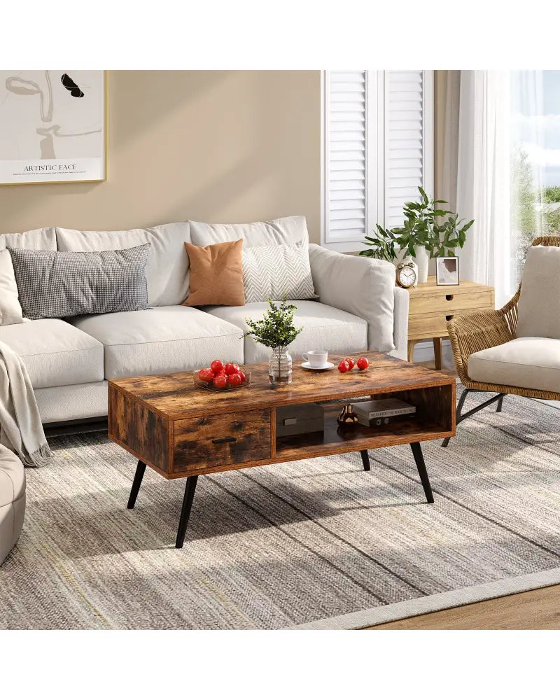 Retro Rectangular Coffee Table with Drawer and Storage Shelf-Rustic Brown - Brown - Coffee Tables