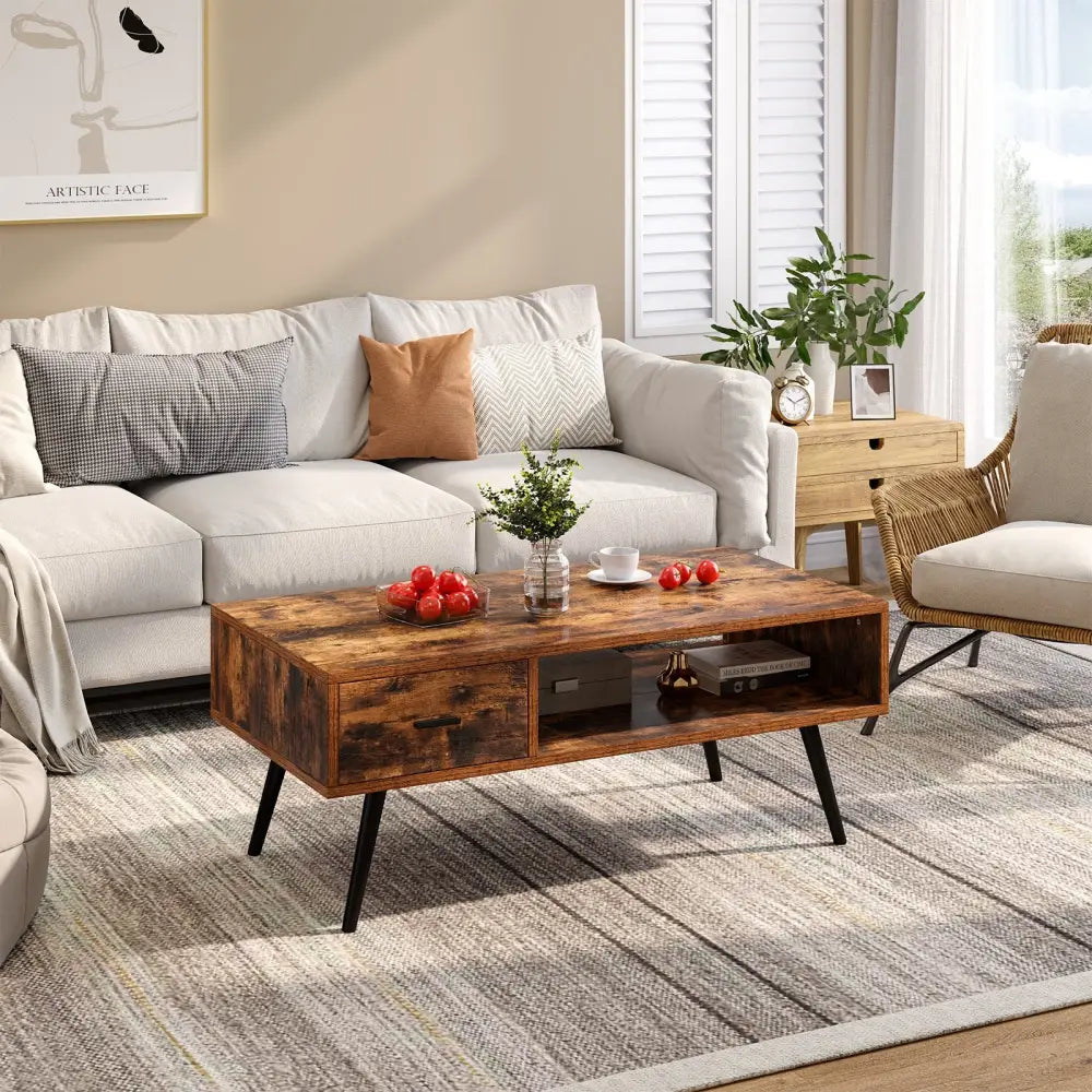 Retro Rectangular Coffee Table with Drawer and Storage Shelf-Rustic Brown - Brown - Coffee Tables