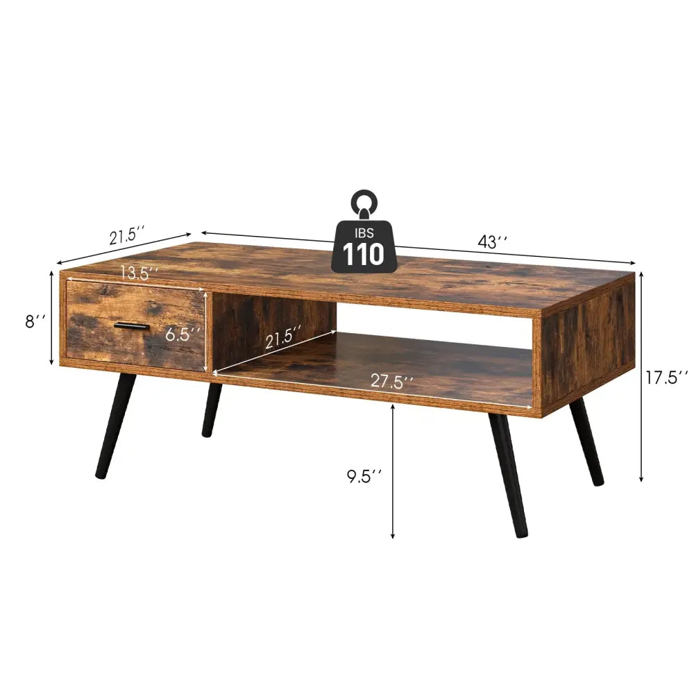 Retro Rectangular Coffee Table with Drawer and Storage Shelf-Rustic Brown - Brown - Coffee Tables