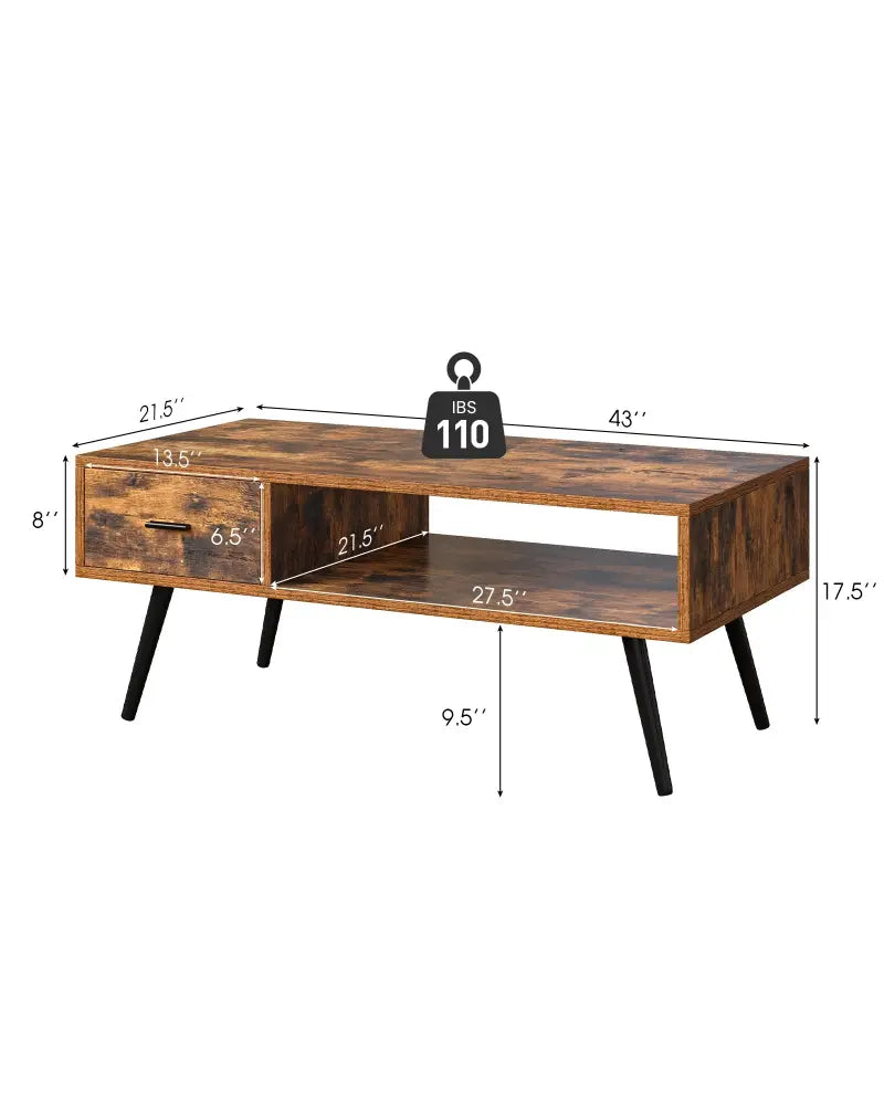 Retro Rectangular Coffee Table with Drawer and Storage Shelf-Rustic Brown - Brown - Coffee Tables