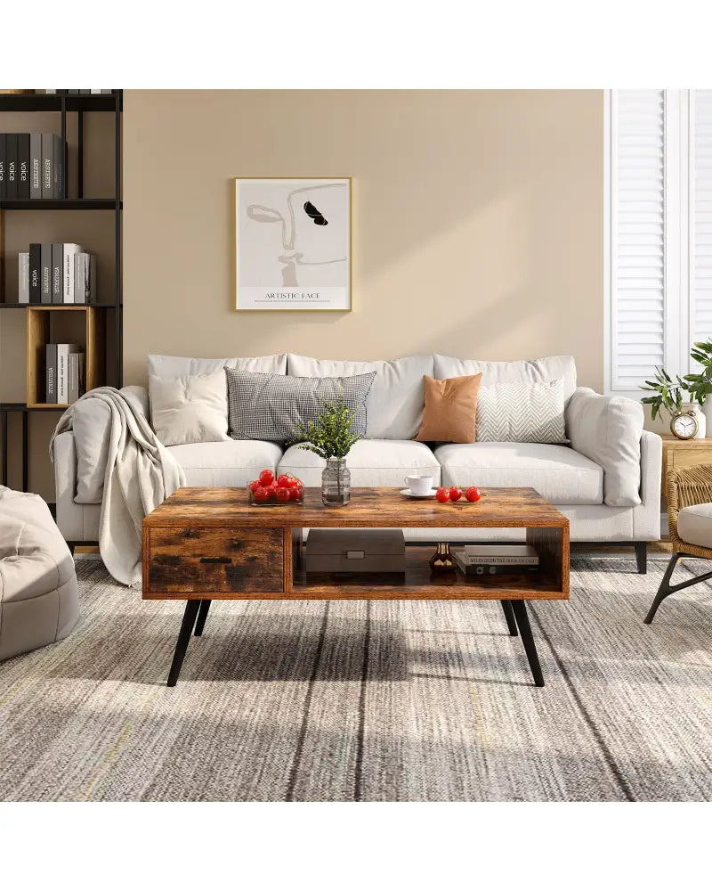 Retro Rectangular Coffee Table with Drawer and Storage Shelf-Rustic Brown - Brown - Coffee Tables