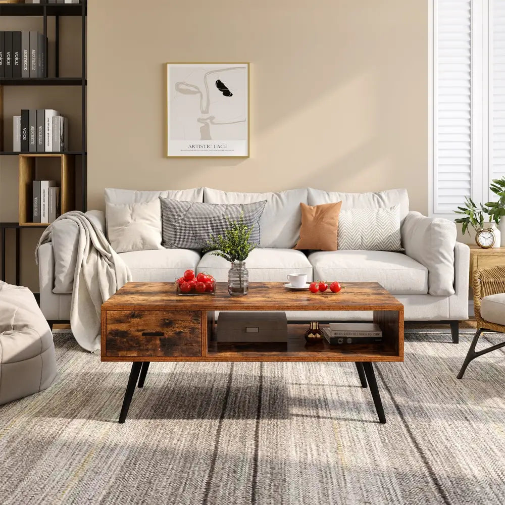 Retro Rectangular Coffee Table with Drawer and Storage Shelf-Rustic Brown - Brown - Coffee Tables