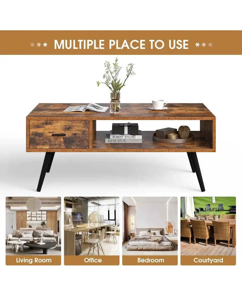 Retro Rectangular Coffee Table with Drawer and Storage Shelf-Rustic Brown - Brown - Coffee Tables
