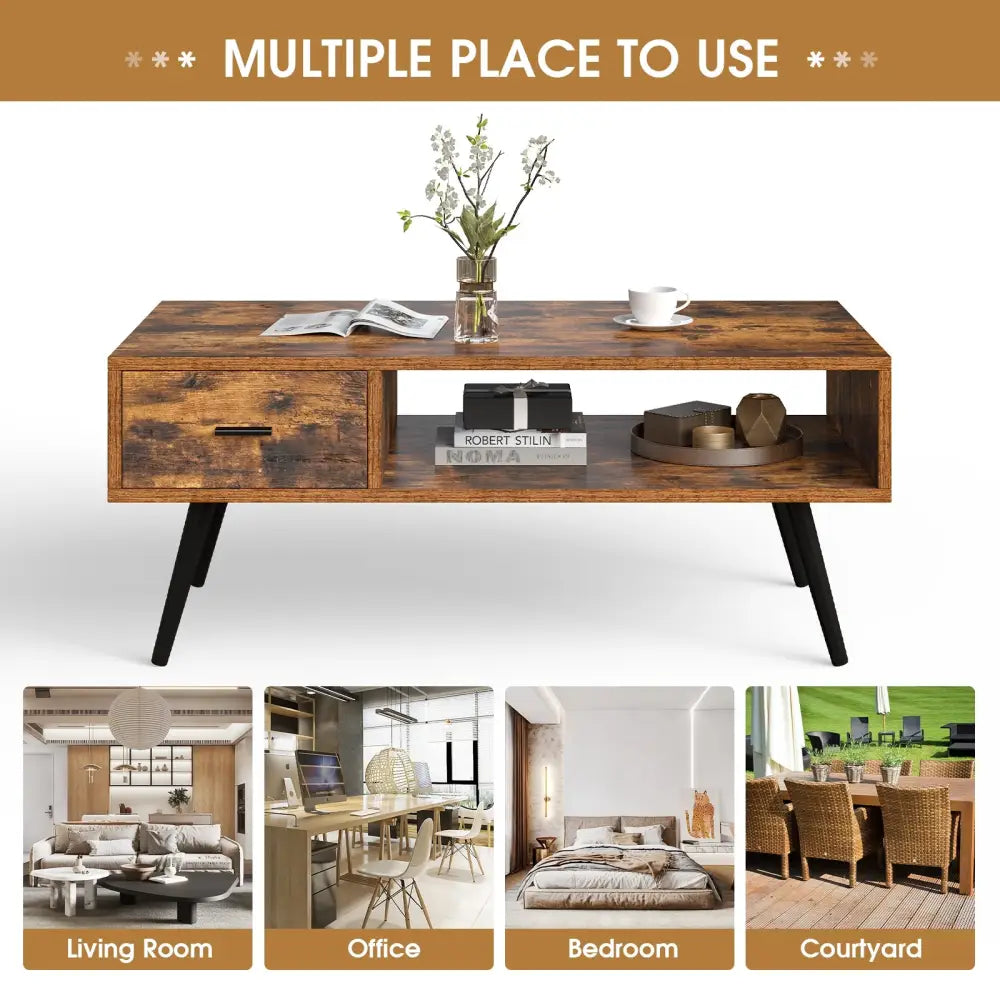 Retro Rectangular Coffee Table with Drawer and Storage Shelf-Rustic Brown - Brown - Coffee Tables