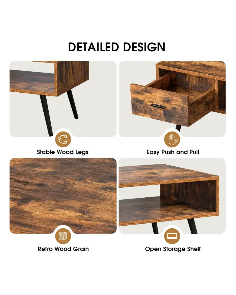 Retro Rectangular Coffee Table with Drawer and Storage Shelf-Rustic Brown - Brown - Coffee Tables