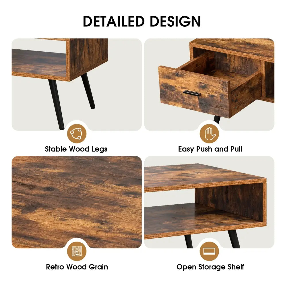Retro Rectangular Coffee Table with Drawer and Storage Shelf-Rustic Brown - Brown - Coffee Tables