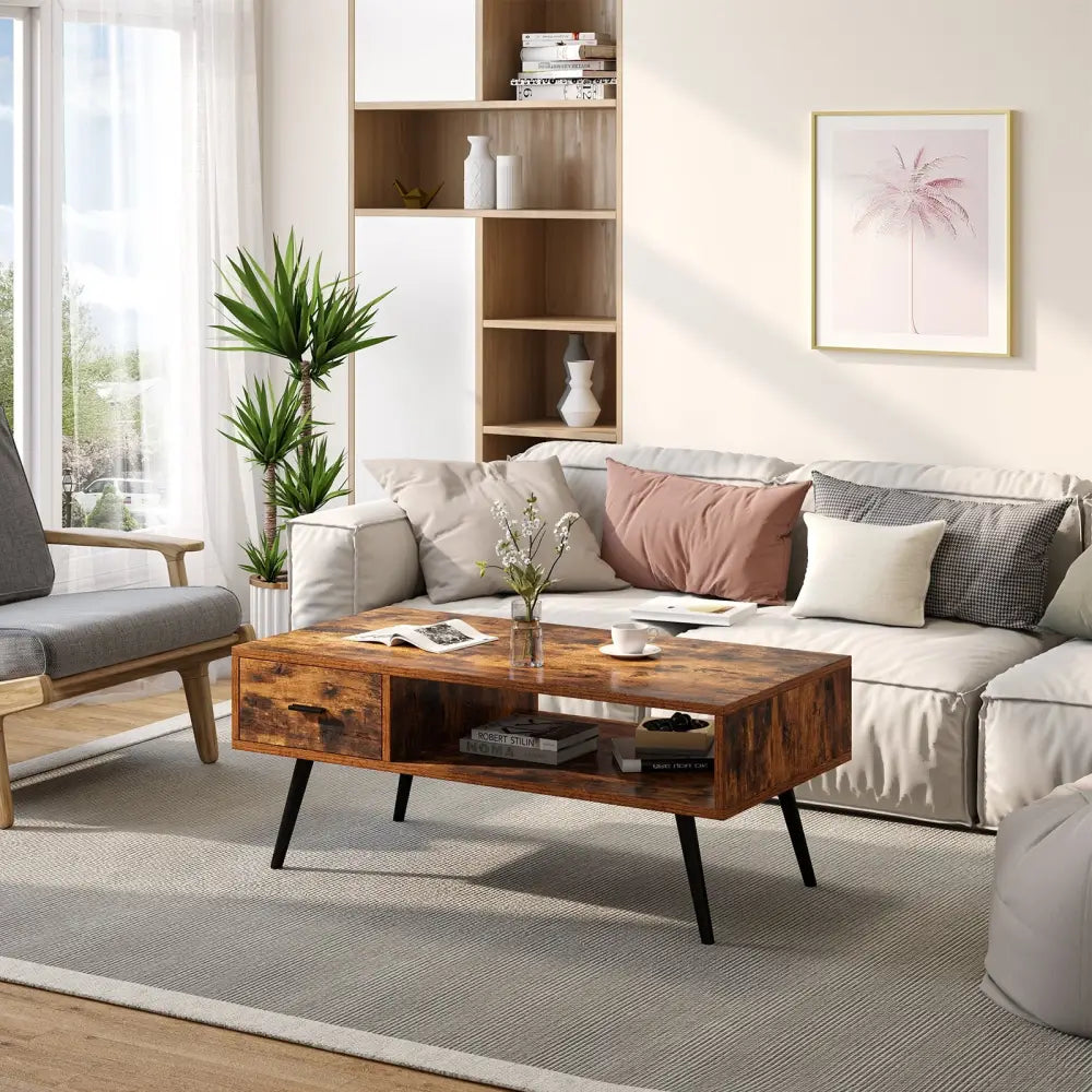 Retro Rectangular Coffee Table with Drawer and Storage Shelf-Rustic Brown - Brown - Coffee Tables