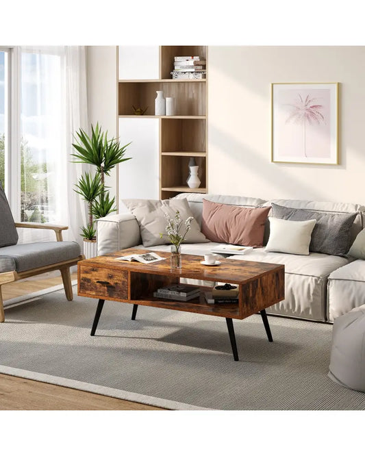 Retro Rectangular Coffee Table with Drawer and Storage Shelf-Rustic Brown - Brown - Coffee Tables