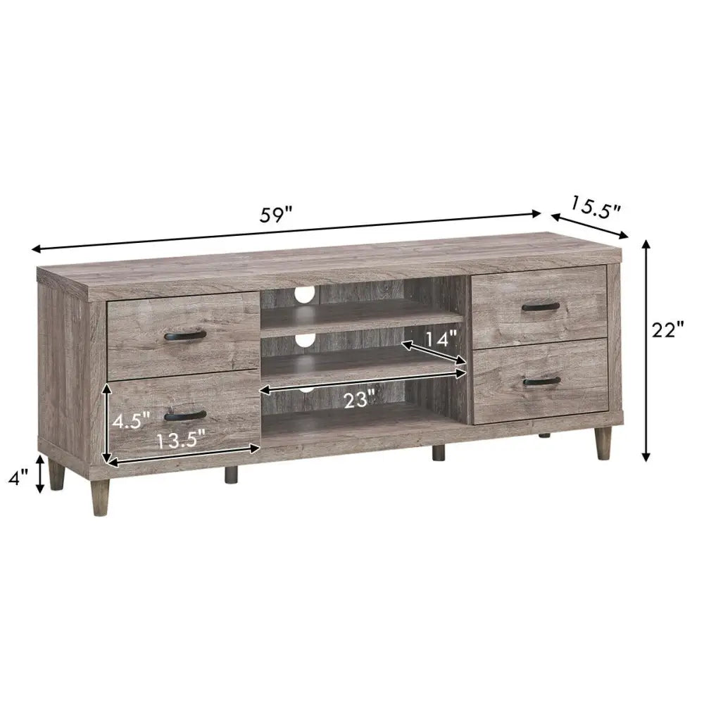 Retro Wooden TV Stand with 3 Open Shelves and 4 Drawers - Gray - Entertainment Centers & TV Stands