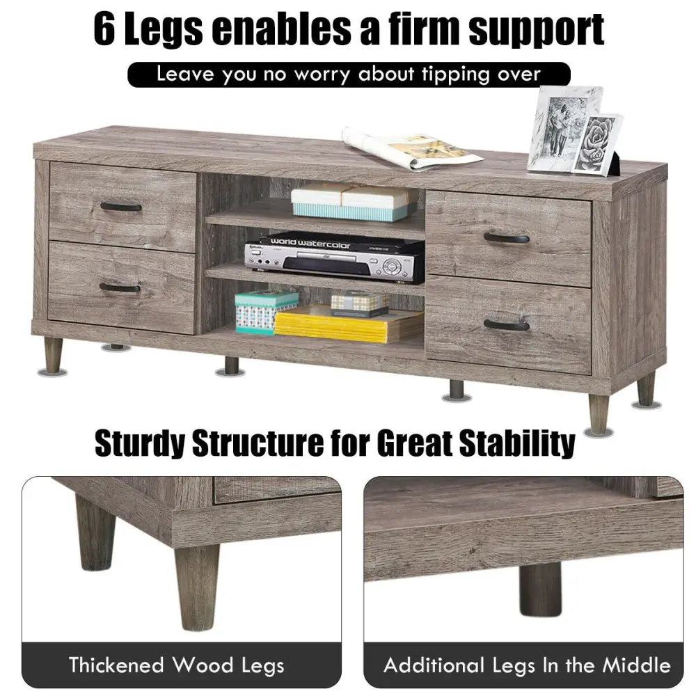 Retro Wooden TV Stand with 3 Open Shelves and 4 Drawers - Gray - Entertainment Centers & TV Stands