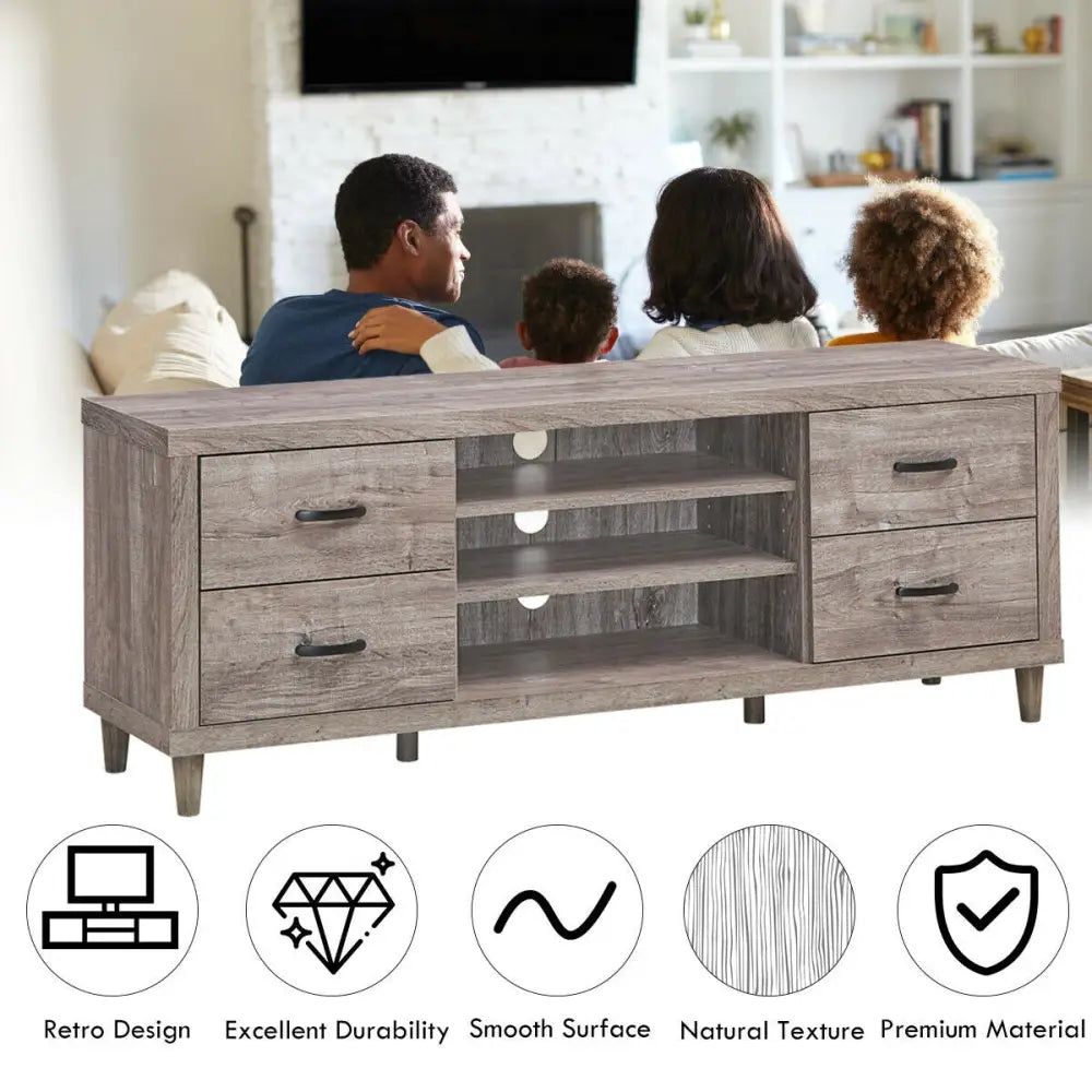 Retro Wooden TV Stand with 3 Open Shelves and 4 Drawers - Gray - Entertainment Centers & TV Stands