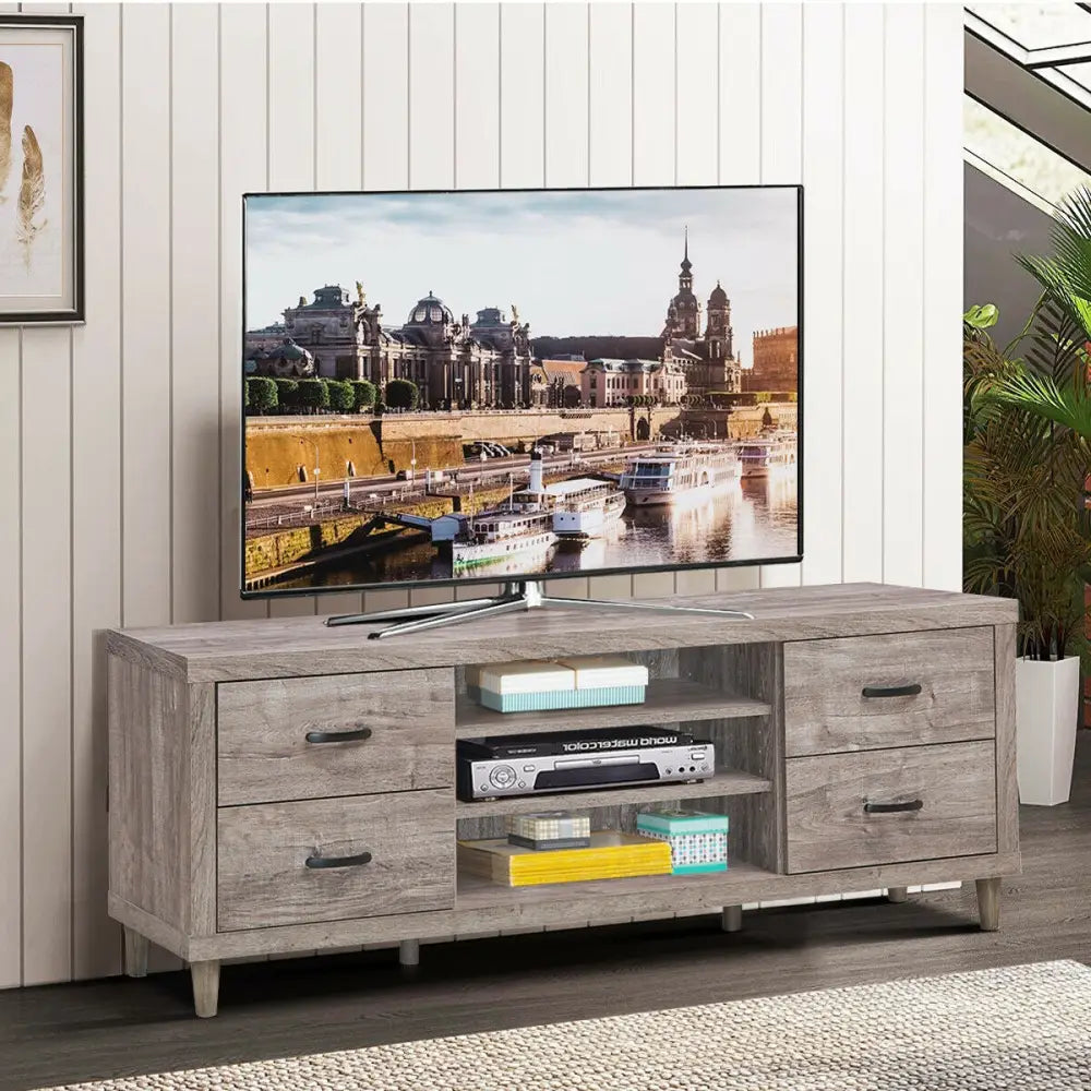 Retro Wooden TV Stand with 3 Open Shelves and 4 Drawers - Gray - Entertainment Centers & TV Stands