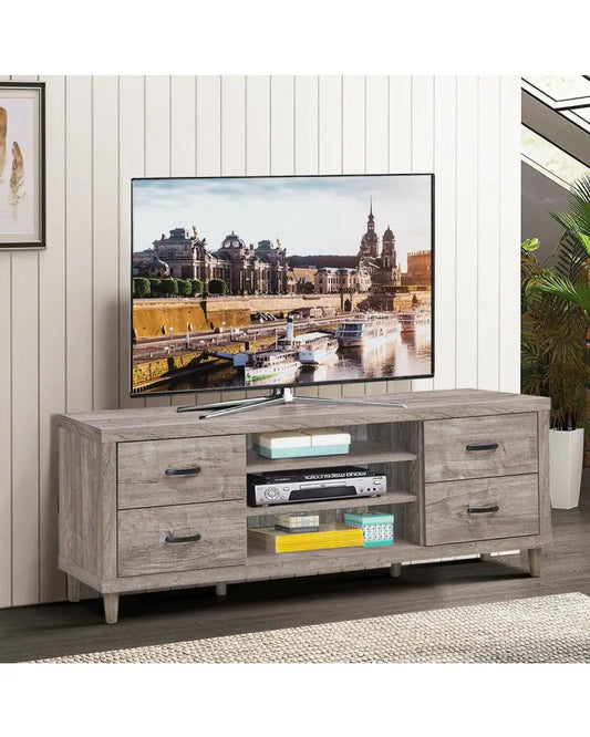 Retro Wooden TV Stand with 3 Open Shelves and 4 Drawers - Gray - Entertainment Centers & TV Stands