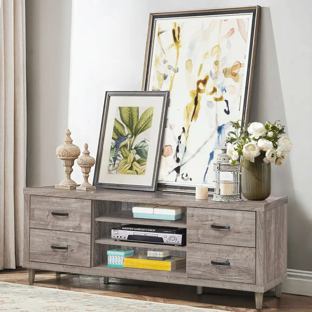 Retro Wooden TV Stand with 3 Open Shelves and 4 Drawers - Gray - Entertainment Centers & TV Stands