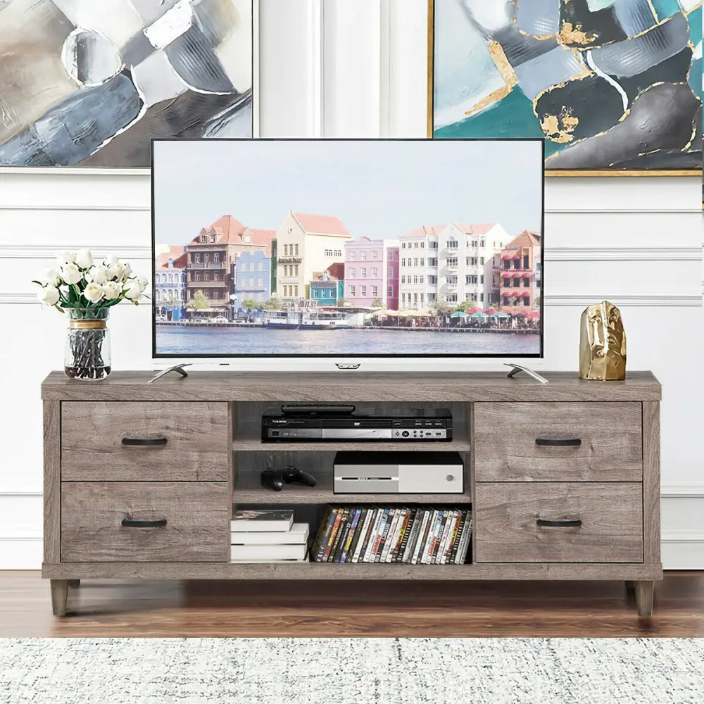 Retro Wooden TV Stand with 3 Open Shelves and 4 Drawers - Gray - Entertainment Centers & TV Stands