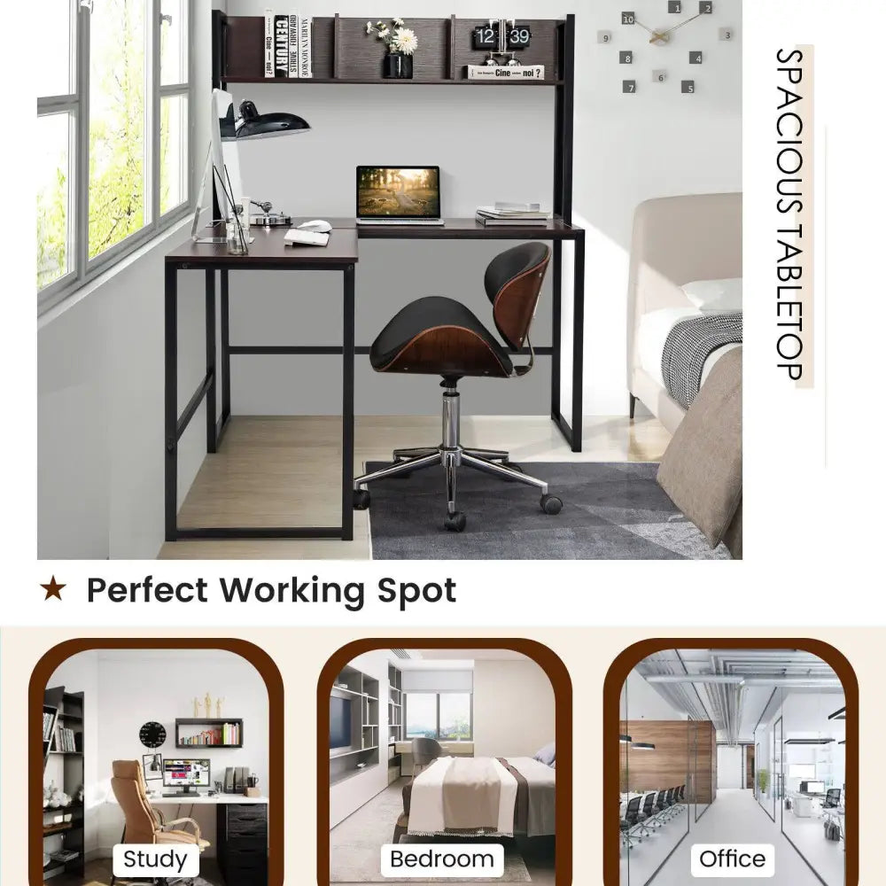 Reversible L-Shaped Corner Desk with Storage Bookshelf-Dark Brown - Dark Brown - L-Shaped Desks