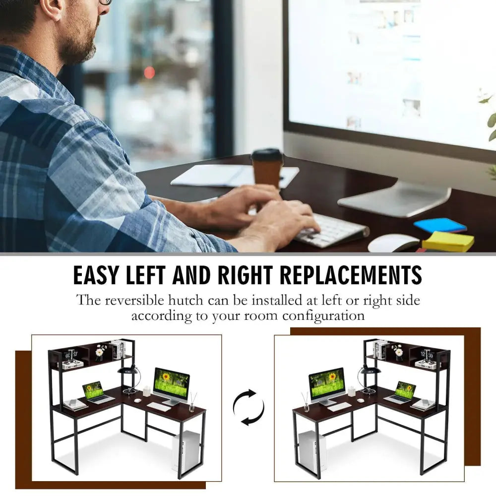 Reversible L-Shaped Corner Desk with Storage Bookshelf-Dark Brown - Dark Brown - L-Shaped Desks