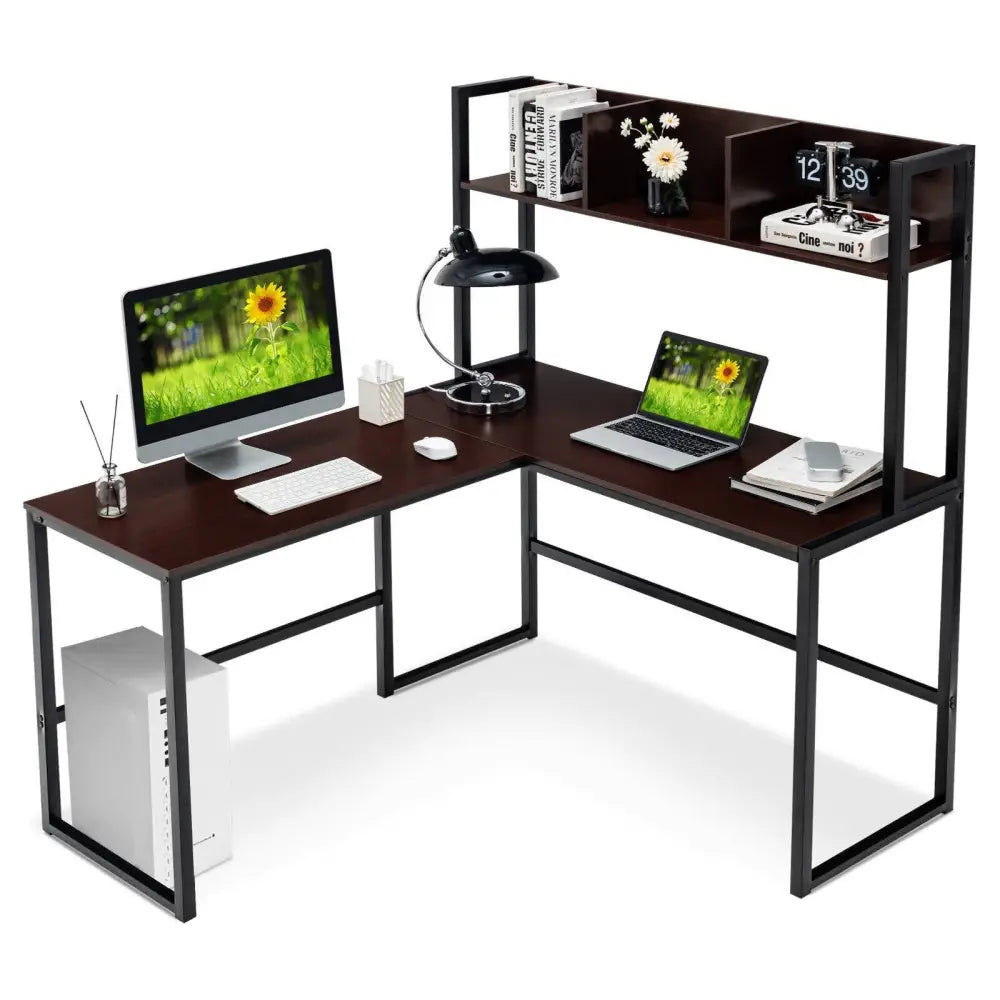 Reversible L-Shaped Corner Desk with Storage Bookshelf-Dark Brown - Dark Brown - L-Shaped Desks