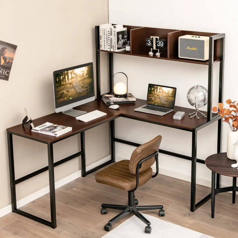 Reversible L-Shaped Corner Desk with Storage Bookshelf-Dark Brown - Dark Brown - L-Shaped Desks