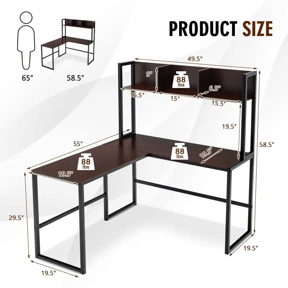 Reversible L-Shaped Corner Desk with Storage Bookshelf-Dark Brown - Dark Brown - L-Shaped Desks