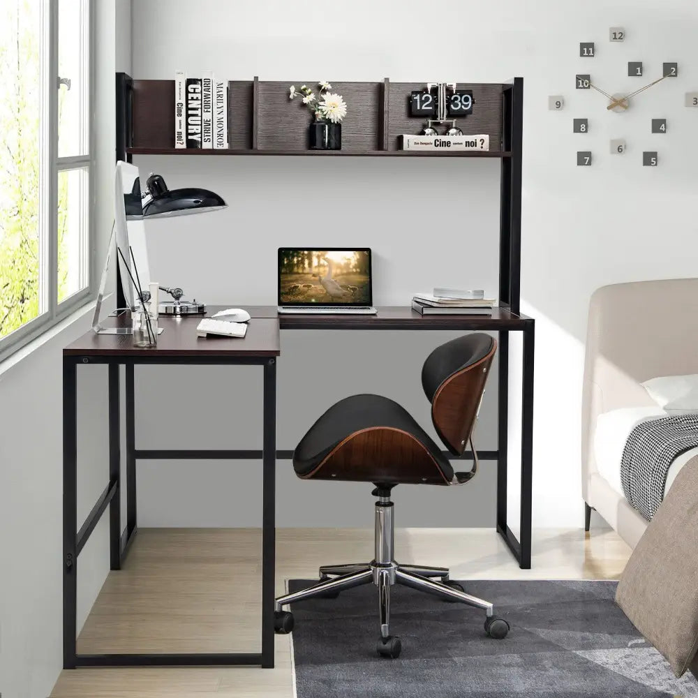 Reversible L-Shaped Corner Desk with Storage Bookshelf-Dark Brown - Dark Brown - L-Shaped Desks
