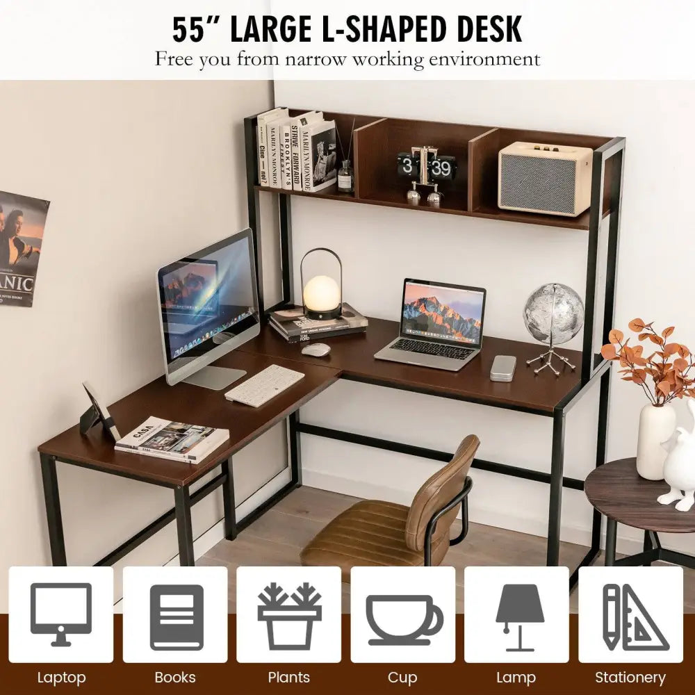 Reversible L-Shaped Corner Desk with Storage Bookshelf-Dark Brown - Dark Brown - L-Shaped Desks