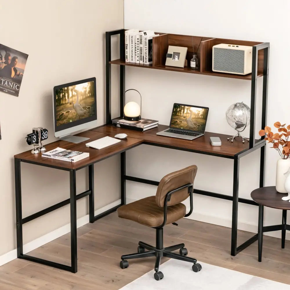 Reversible L-Shaped Corner Desk with Storage Bookshelf-Walnut - Walnut - L-Shaped Desks