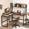 Reversible L-Shaped Corner Desk with Storage Bookshelf-Walnut - Walnut - L-Shaped Desks