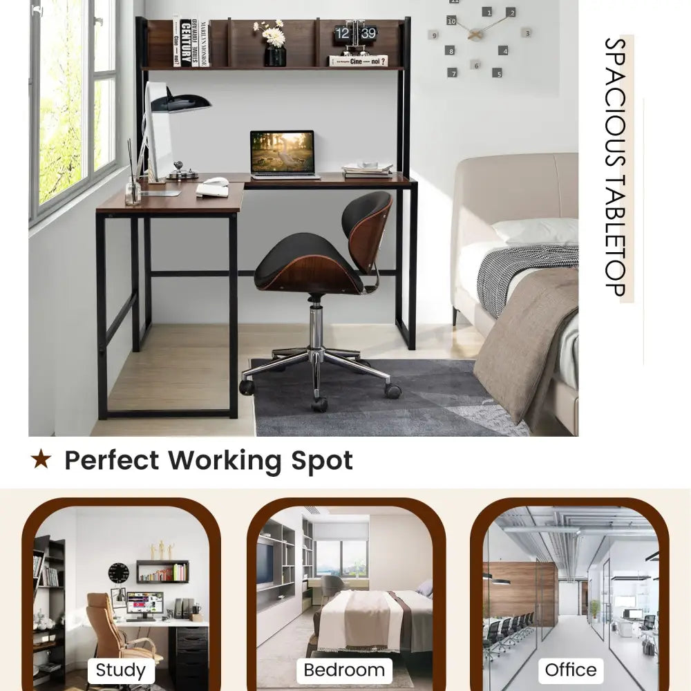 Reversible L-Shaped Corner Desk with Storage Bookshelf-Walnut - Walnut - L-Shaped Desks