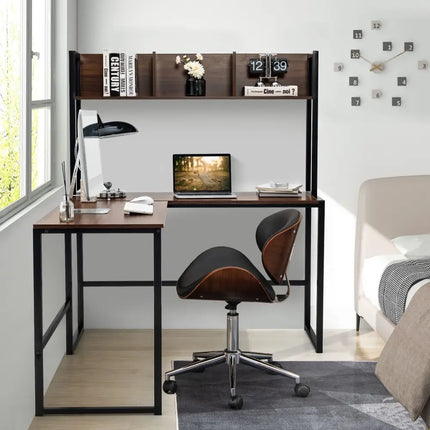 Reversible L-Shaped Corner Desk with Storage Bookshelf-Walnut - Walnut - L-Shaped Desks