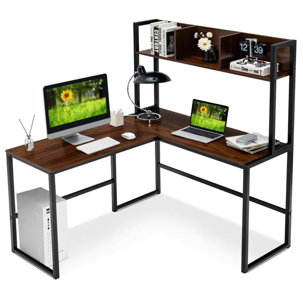 Reversible L-Shaped Corner Desk with Storage Bookshelf-Walnut - Walnut - L-Shaped Desks