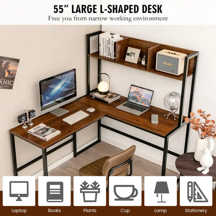Reversible L-Shaped Corner Desk with Storage Bookshelf-Walnut - Walnut - L-Shaped Desks