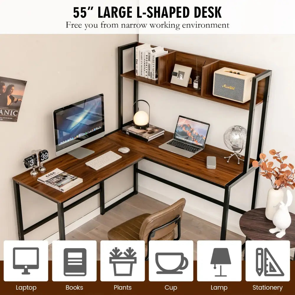 Reversible L-Shaped Corner Desk with Storage Bookshelf-Walnut - Walnut - L-Shaped Desks