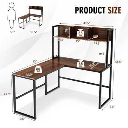 Reversible L-Shaped Corner Desk with Storage Bookshelf-Walnut - Walnut - L-Shaped Desks