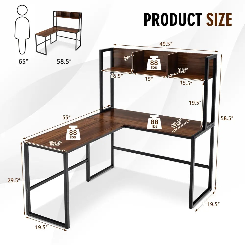 Reversible L-Shaped Corner Desk with Storage Bookshelf-Walnut - Walnut - L-Shaped Desks