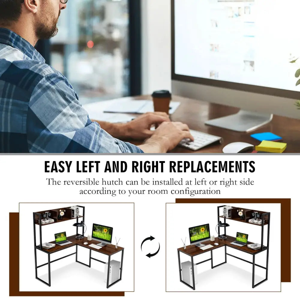 Reversible L-Shaped Corner Desk with Storage Bookshelf-Walnut - Walnut - L-Shaped Desks