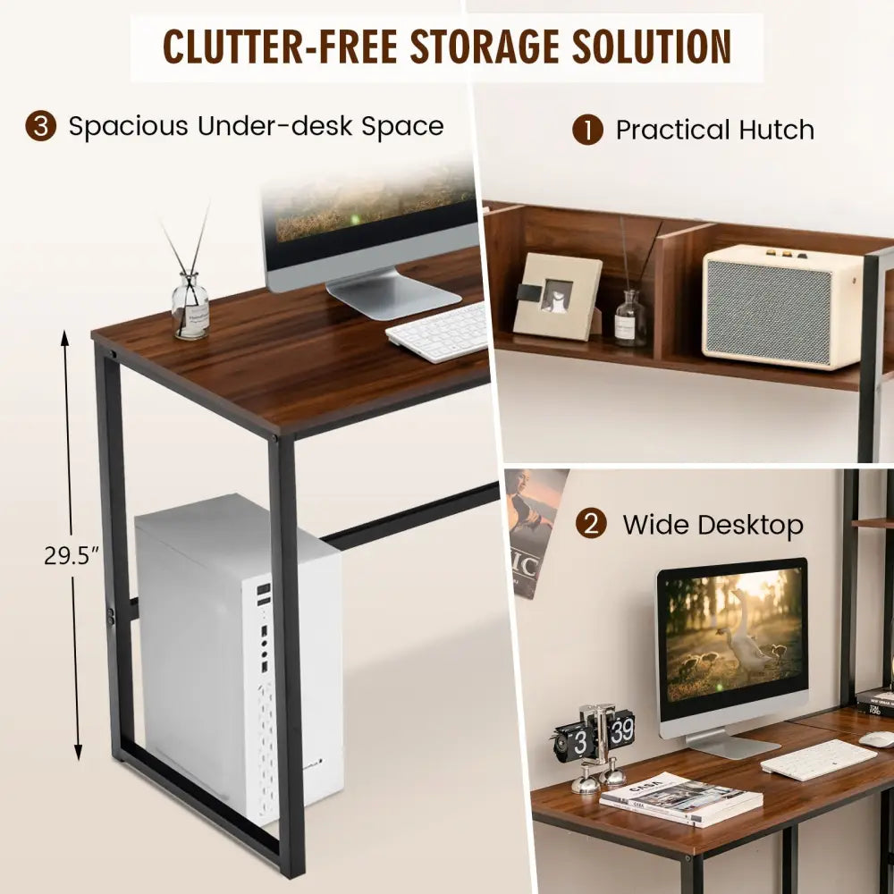 Reversible L-Shaped Corner Desk with Storage Bookshelf-Walnut - Walnut - L-Shaped Desks