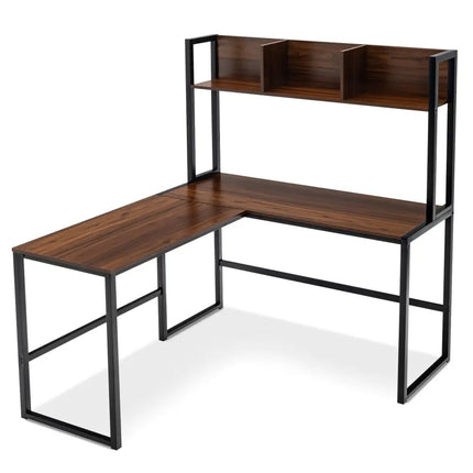 Reversible L-Shaped Corner Desk with Storage Bookshelf-Walnut - Walnut - L-Shaped Desks