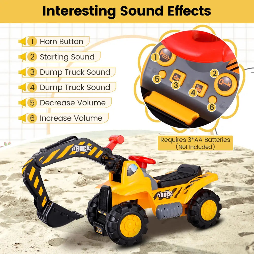 Ride on Push Car Bulldozer Digger Toy with Safety Helmet and Working Shovel - Yellow - Push & Pedal Ride On Toys