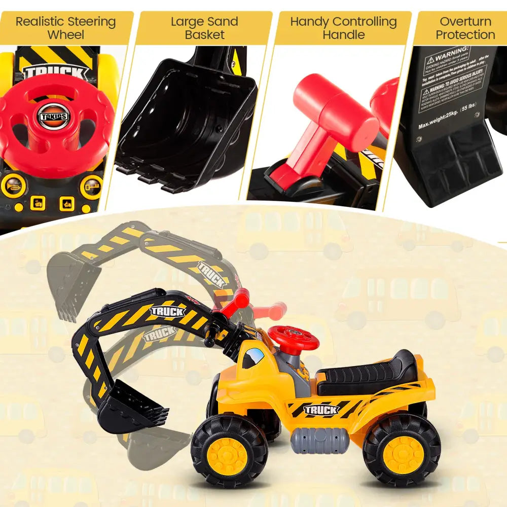 Ride on Push Car Bulldozer Digger Toy with Safety Helmet and Working Shovel - Yellow - Push & Pedal Ride On Toys