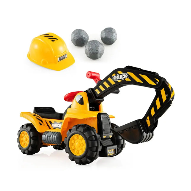 Ride on Push Car Bulldozer Digger Toy with Safety Helmet and Working Shovel - Yellow - Push & Pedal Ride On Toys