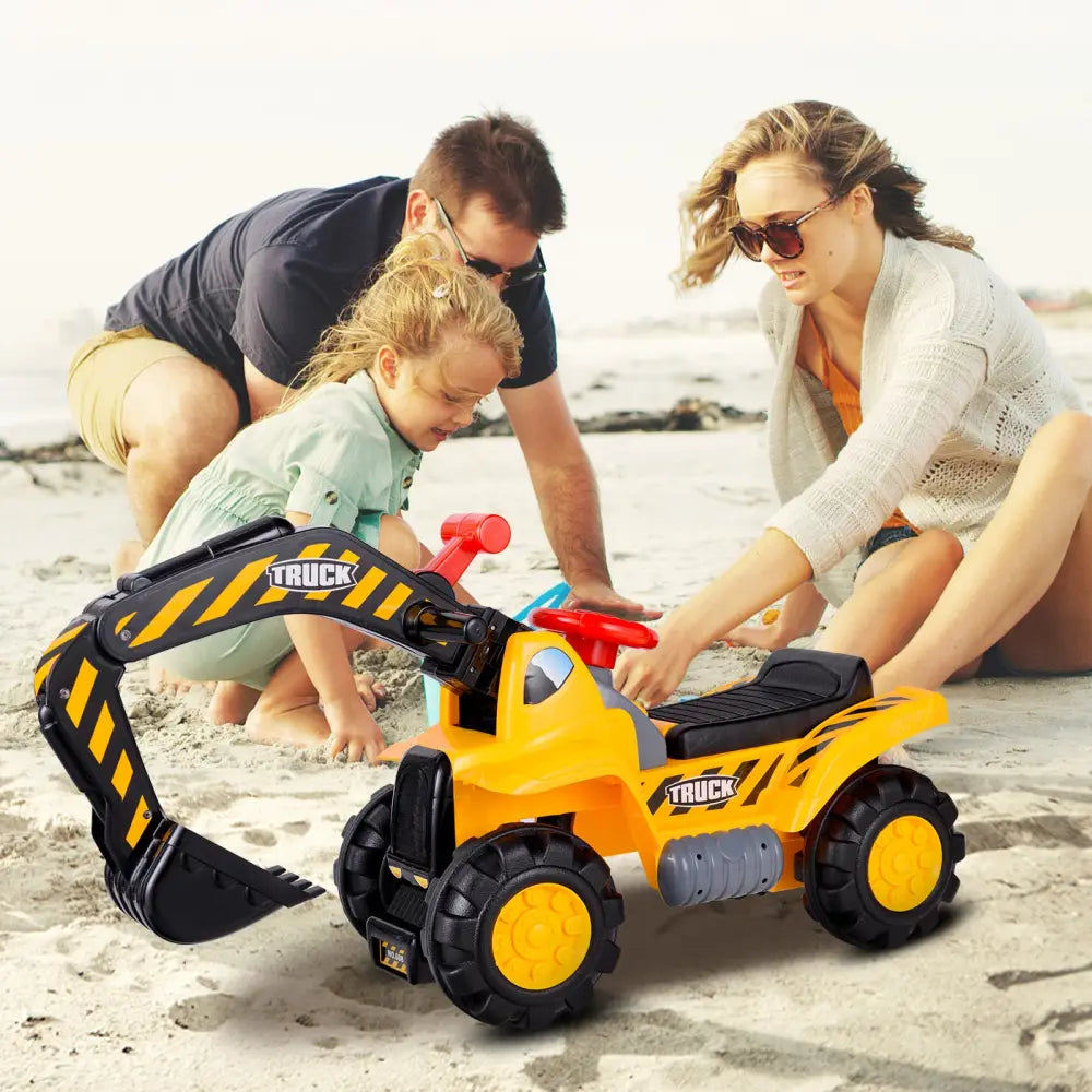 Ride on Push Car Bulldozer Digger Toy with Safety Helmet and Working Shovel - Yellow - Push & Pedal Ride On Toys