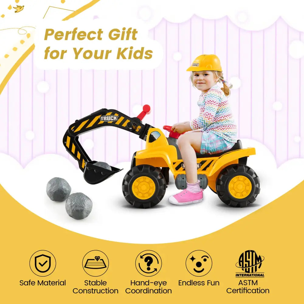 Ride on Push Car Bulldozer Digger Toy with Safety Helmet and Working Shovel - Yellow - Push & Pedal Ride On Toys