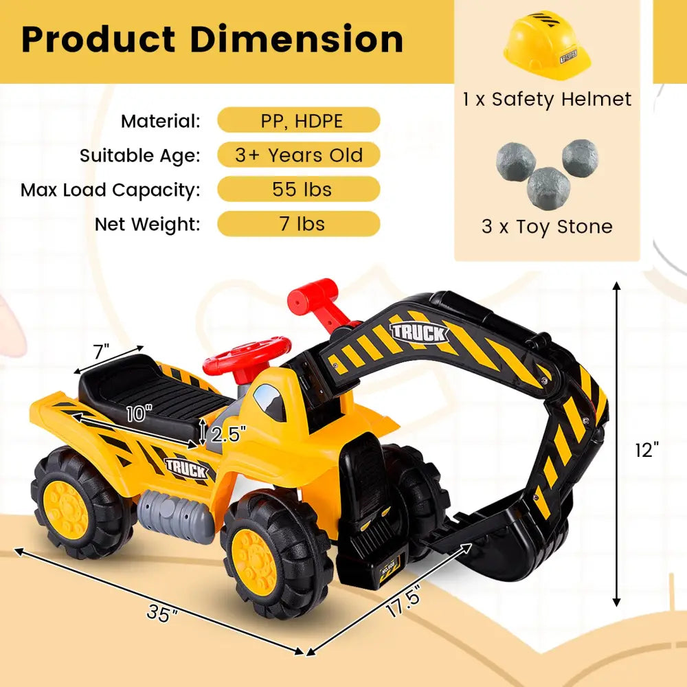 Ride on Push Car Bulldozer Digger Toy with Safety Helmet and Working Shovel - Yellow - Push & Pedal Ride On Toys