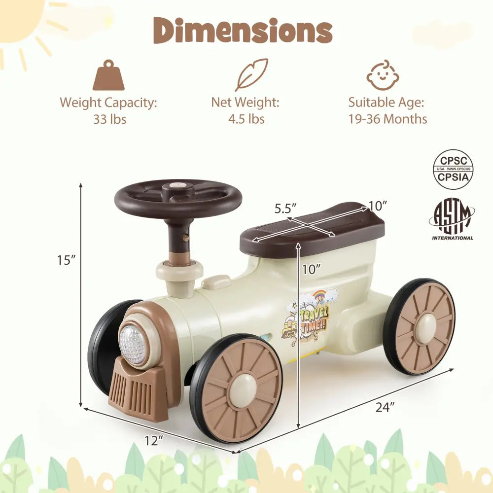 Ride on Toy with Steering Wheel and Train Whistle Sound Button-Beige - Beige - Push & Pedal Ride On Toys