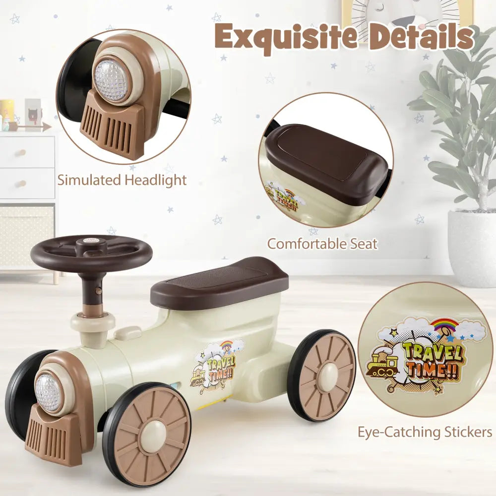 Ride on Toy with Steering Wheel and Train Whistle Sound Button-Beige - Beige - Push & Pedal Ride On Toys
