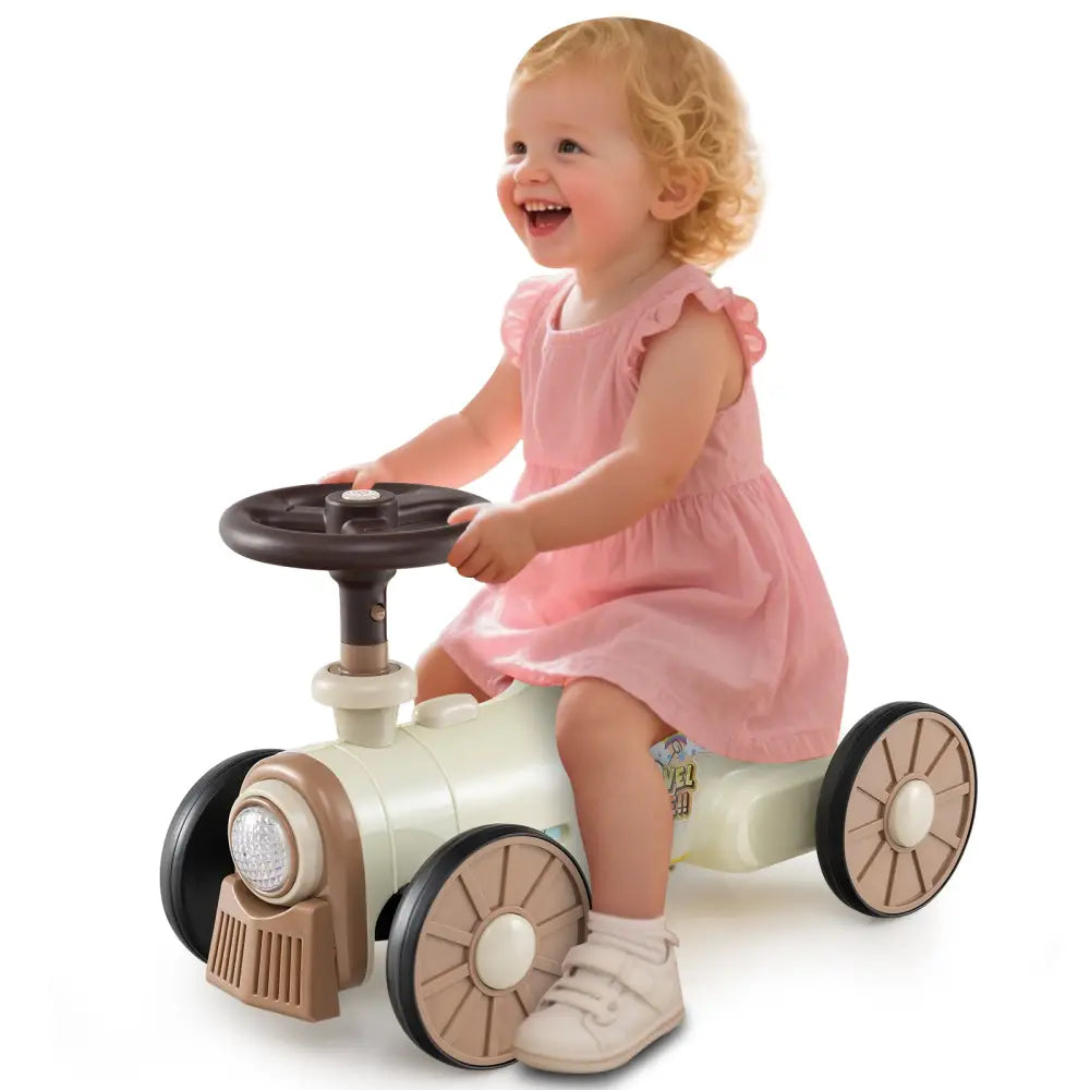 Ride on Toy with Steering Wheel and Train Whistle Sound Button-Beige - Beige - Push & Pedal Ride On Toys